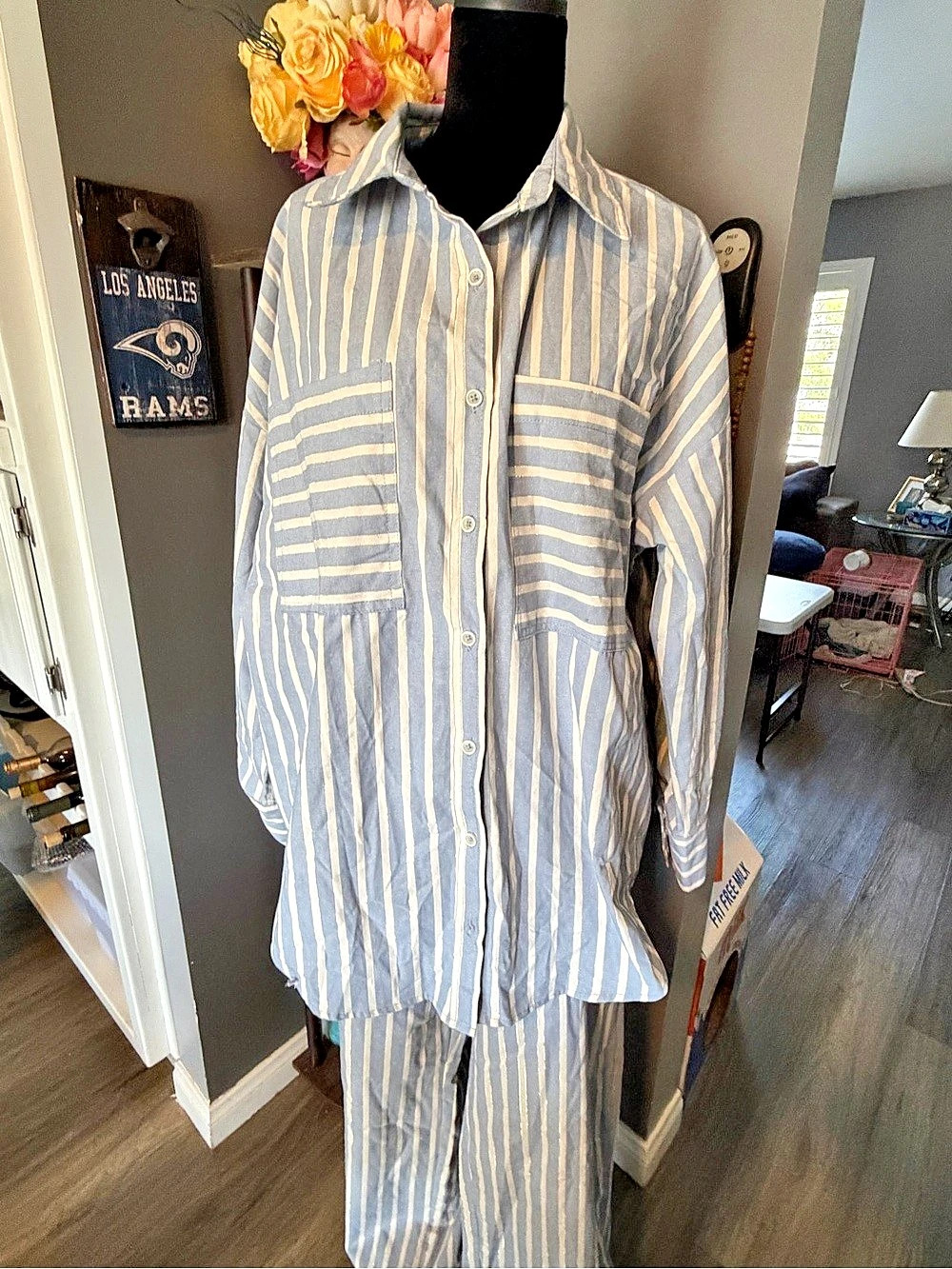 Fashion Nova Matching Set Striped Pajama Set in Blue & White Size Large NWT